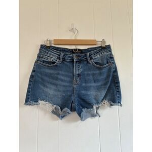 Judy Blue Womens Denim Shorts Distressed Frayed Raw Hem Medium Wash Size L